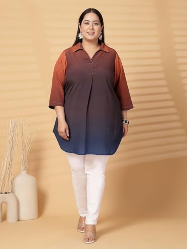 Women Plus Size Ombre Pleated Shirt Collar Regular Top (FSTP23491-BROWNOMBRE-6XL)