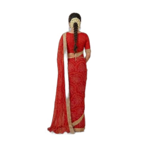 FreHee Red Bandhani Print Chiffon Saree with Gold Lace Border