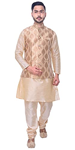 Om Shubh Mangalam Men's Wedding Jacquard Silk Golden Kurta Pajama Golden Jacket