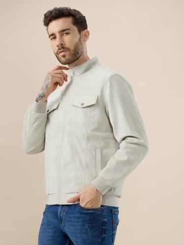 Status Quo Men's Solid Suede Finish Stand Collar Regular Fit Jacket | 100% Polyester | BEIGE | L Size