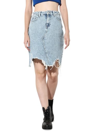 ONLY Women's Solid Regular Fit High-Rise Blue Skirt