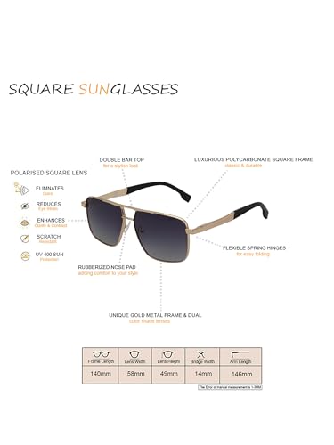 Carlton London Unisex Premium Rose Gold & Black Toned Grey UV with Polarized Lens Square Sunglass