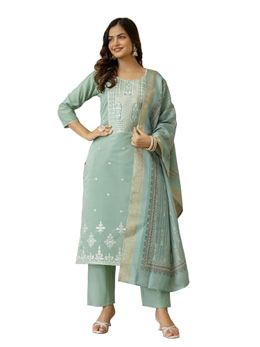 TRENDMALLS Women's Cotton Silk Embroidery Work Kurta Pant Set with Dupatta (G399-LightGreen-M-)