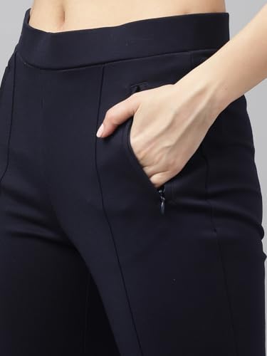 Latin Quarters Women Navy Blue Solid High Rise Stretch Trousers with Slip On Closure and Full Length for Casual Wear