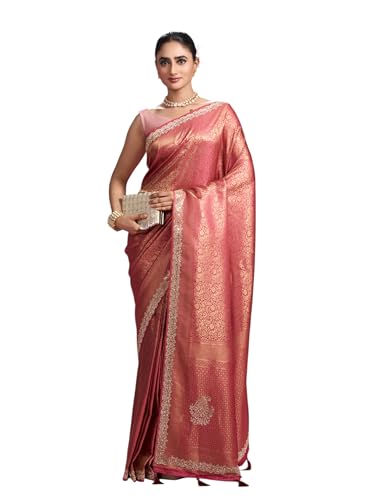 MOHEY Women's Art Silk Mirror Work, Stone Work, Weave Saree with Blouse Piece(Coral)