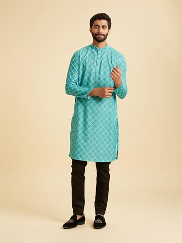 Manyavar Men's Blended Cotton Digital Print Kurta (Turquoise Blue,XL)