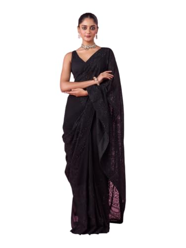 MOHEY Women's Georgette Stone Work & Thread Work Saree with Blouse Piece (Black)