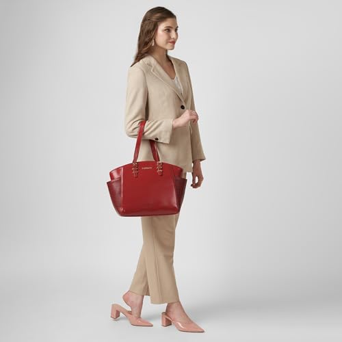 Caprese Macie Medium Alpine Oat Tote Bag for Women | Solid Faux Leather Shoulder Handbag with Spacious Interior & Zipper Closure | Fits Up to 16-Inch Laptop | Office & Travel Use (Cherry Lacquer)