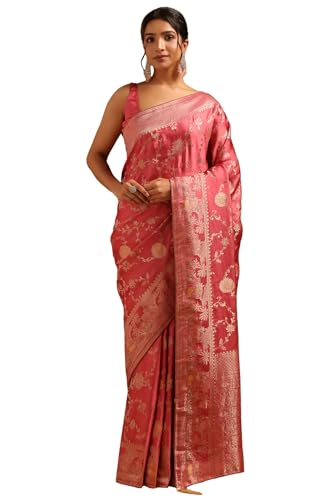 Soch Womens Onion Pink Satin Botanical Saree With Zari Work