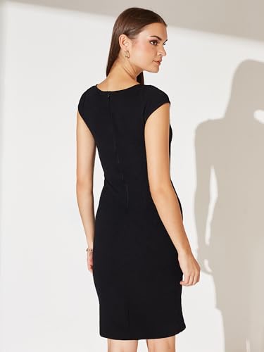 Miss Chase Women's V Neck Cap Sleeves Polyester Side Pocketed Knee Long Dress (MCAW25D85-51-62-06, Black, XL)