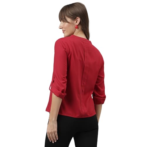Latin Quarters Women Red Mandarin Collar Long Sleeves Solid Shirt for Casual Wear_XXL