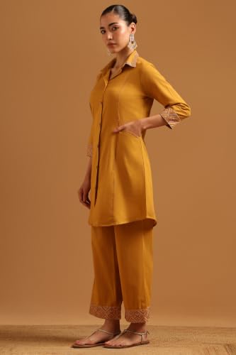 Soch Womens Mustard Cotton Sequence-Work Co-Ords Set