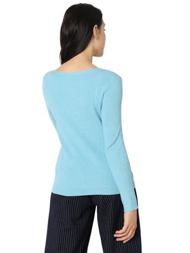 VERO MODA Women Solid Blue Viscose Regular Fit Pullover Sweater