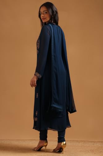Soch Womens Teal Georgette Solid Salwar Suit With Stone Embellished Jacket