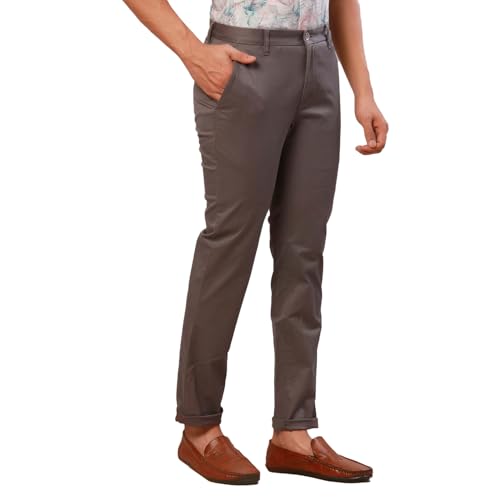 Raymond Men's Slim Fit Solid Pattern Cotton Blend Flat Front Dark Grey Casual Chinos