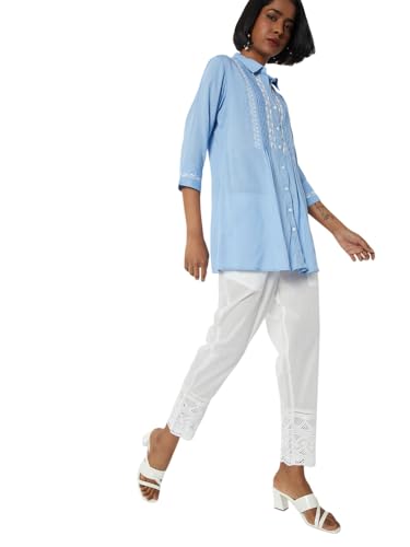 Max Women Embroidered Hem Straight Pants (White_XL)