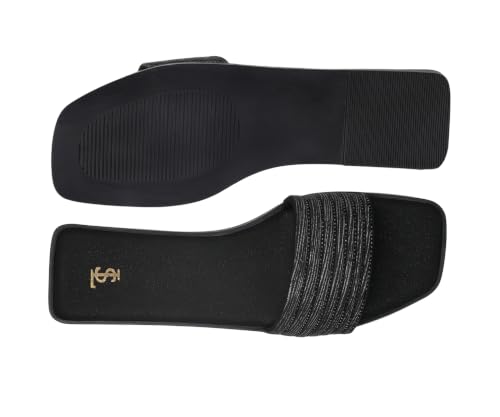 LOUIS STITCH Women’s Stardust Black Elegant Flat Sandals with Rhinestone Studded Straps | The Embellished Series | Luxury Comfort Slip-On Flats for Women | Perfect for Travel, Casual & Daily Wear | LSLD-FL05-JB | UK-3