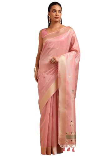 Soch Womens Blush Pink Tissue Zari Woven Saree With Zari Woven