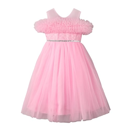 Hopscotch Girls Pink Short Sleeves Ruffle Trim Cold Shoulder Gown for Age (3-4 Years)