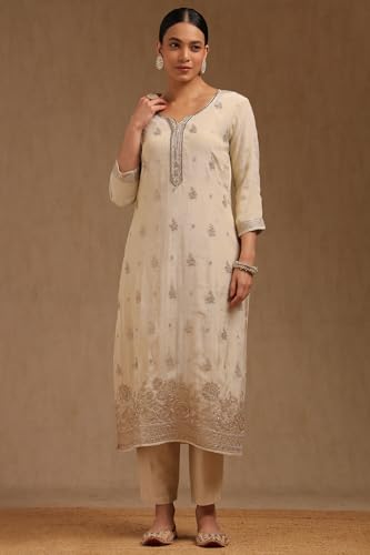 Soch Womens Off White Tissue Embroidered Suit Set With With Beads and Stones