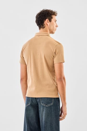 SNITCH Men's Polo T-Shirt | Ribbed Texture & Buttoned Placket | Polyester Blend Fabric, Regular Fit, Casual Wear | Beige