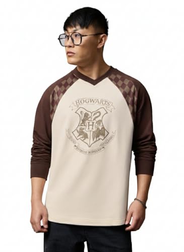 The Souled Store Harry Potter: Four Houses Men and Boys Long Sleeve V-Neck Beige Graphic Printed Casual Lightweight Drop Shoulder Streetwear Trendy Oversized Full Sleeve T-Shirt