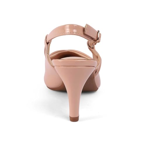 tresmode SAKA Women's Block Heels Pumps Leather Stylish Nude, 7 UK / 40 EU - Pointed Toe Ladies Footwear Soft Comfortable Sandals