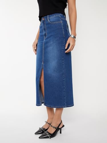 Max Women Washed Denim High Rise Skirt (Blue_28)