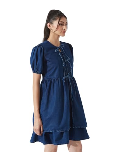 Miss Chase Women’s Round Neck Puff Sleeve Tie-Up Knee-Length Denim Dress (MCAW25DEN04-78-71-05, Navy Blue, L)
