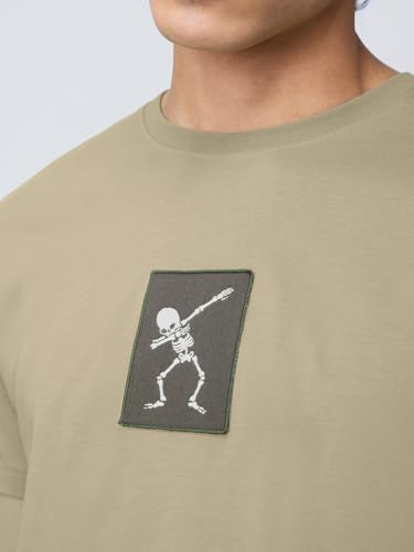 The Souled Store: The Dab Men and Boys Short Sleeves Round Neck Beige Embellished Relaxed Fit Lightweight All-Season Casual Cotton T-Shirt