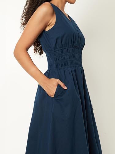 Max Women Solid A-line Dress (Blue_L)