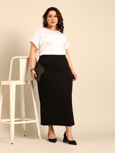 The Pink Moon Women's Maxi Plus Size Straight Black Side Slit Skirt - (SKT_Long_BLK_Black_4XL)