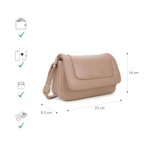 Fastrack Poppy Beige Sling | Beige | Faux Leather Crossbody Bag | Spacious Compartment with Organizer Pockets | Adjustable Strap | Coin Pocket Charm | Zipper & Magnetic Flap Closure