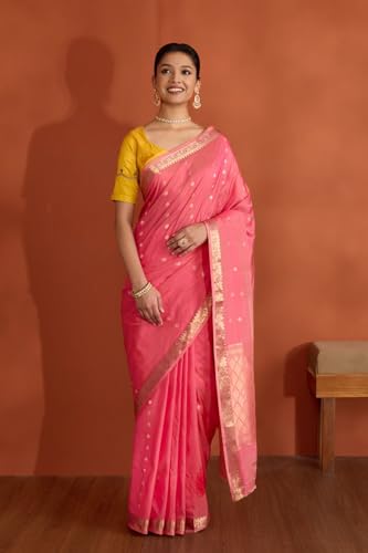 Taneira Women Pink Silk Viscose Cutwork Banaras Inspired Design Saree with Unstitched Blouse Piece (SAPH02AA0402-Pink)