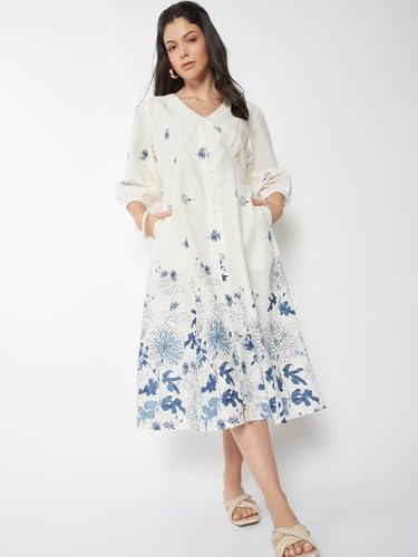 Max Women Floral Print A-Line Dress (Off White_XS)