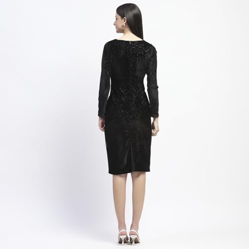 Madame Square Neck Buttoned Black Bodycon Dress for Women