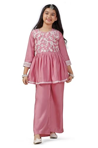 Fashion Dream Girl's Silk Blend Printed Salwar Suit Set|Ethnic Set (FDGSET00230 LPN 32_Lightpink_9-10 Years)