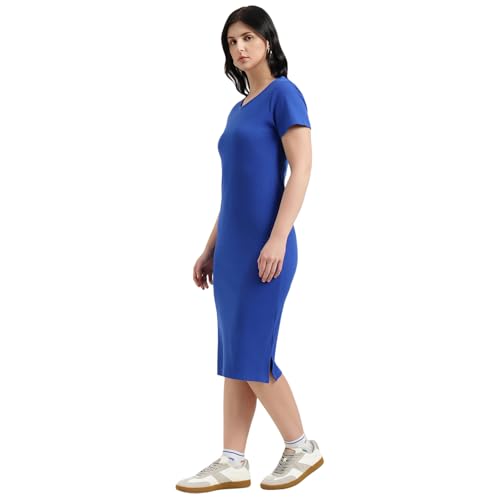 United Colors of Benetton Round Neck Solid Bodycon Dress (Size : XS) - 26P3RYCD400YI19R Blue