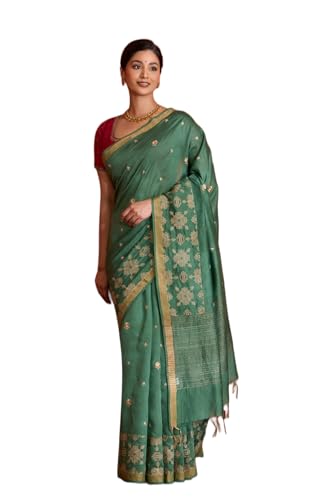 Taneira Women Dark Green Bengal Pure Silk Linen Embroidered Saree with Unstitched Blouse Piece (SAPH01AB0675-Dark Green)