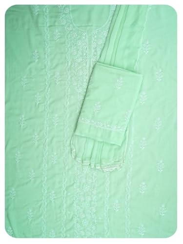 Ada Hand Embroidered Lucknowi Chikankari Unstitched Chanderi Dress Material Suit Piece with Dupatta for Women 01A773781 Celadon Green