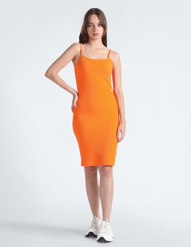 Calvin Klein Women Orange Square Neck Shoulder Strap Solid Polyester Pull On Strappy Bodycon Dress (XL)