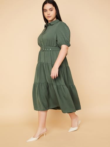 Max Women Textured Tiered Midi Dress(Green_5XL)