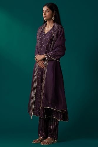 Wishful Women's Purple Embellished Dotted Jacquard Flared Kurta with Pants and Dupatta Set (SP12859-314546-M)