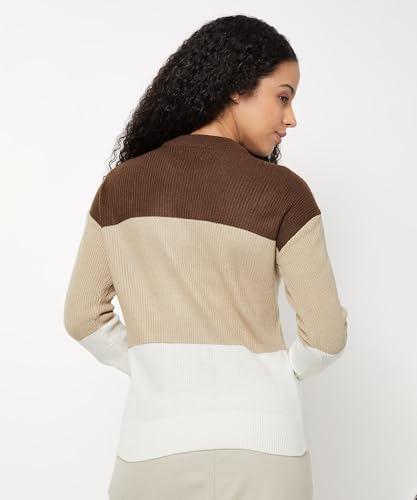 Max Women Knit Colourblock Sweater(Brown_XXL)