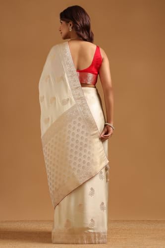 Soch Womens Cream Satin Botanical Zari Woven Saree