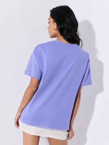 The Souled Store Blessed Women and Girls Short Sleeves Round Neck Lavender Embroidered Cotton Oversized Drop Shoulder Lightweight Everyday Casual T-Shirts