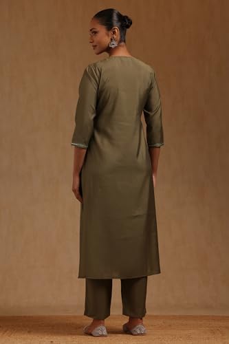 Soch Womens Olive Muslin Floral Kurta Set With Chikankari Embroidery Work