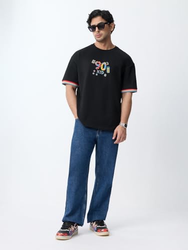 The Souled Store Flashback Fits: 90's Essentials Men and Boys Short Sleeves Round Neck Black Graphic Printed Casual Lightweight Drop Shoulder Streetwear Trendy Oversized T-Shirts