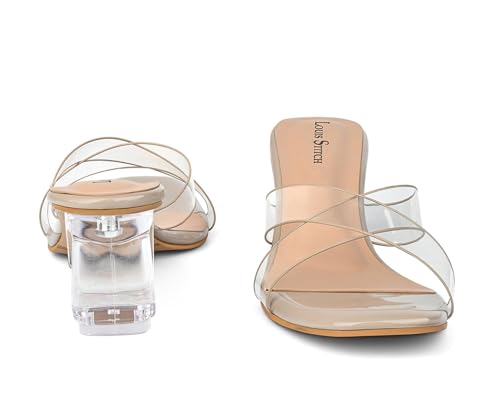 LOUIS STITCH Women’s Fashion Beige Slip-On Block Heel Sandals | Transparent Cross Strap Stylish Heel Sandal for Ladies, Fashionable Sandal | LSOF-LDBH-SLCSBG | (UK-4)