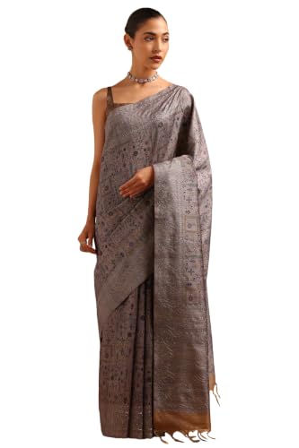 Soch Womens Grey Tussar Kantha Embroidered Warli Saree